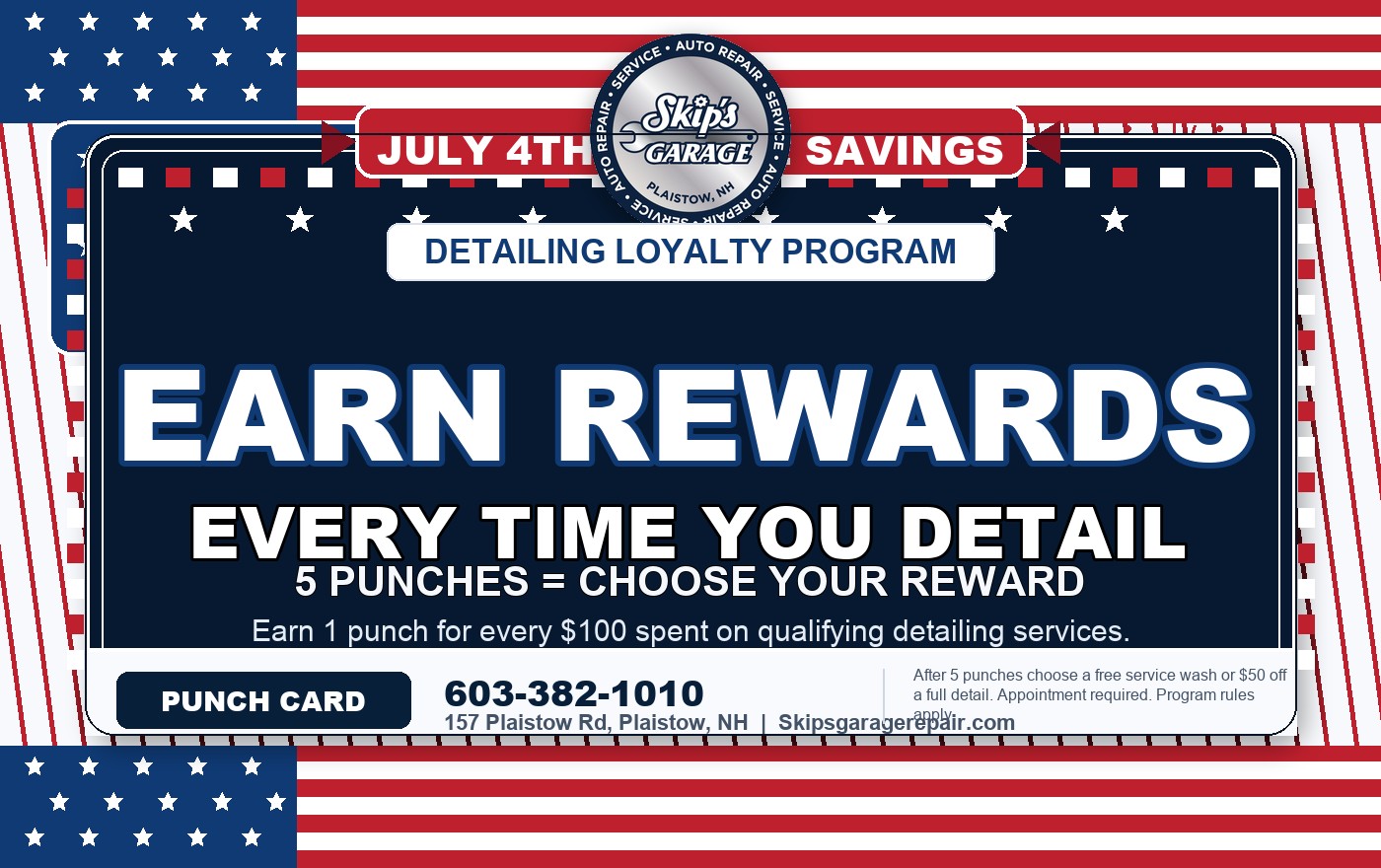 Earn Rewards Detailing Loyalty Program coupon for Skip's Garage