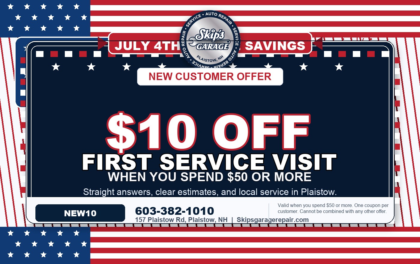$10 OFF New Customer Coupon coupon for Skip's Garage
